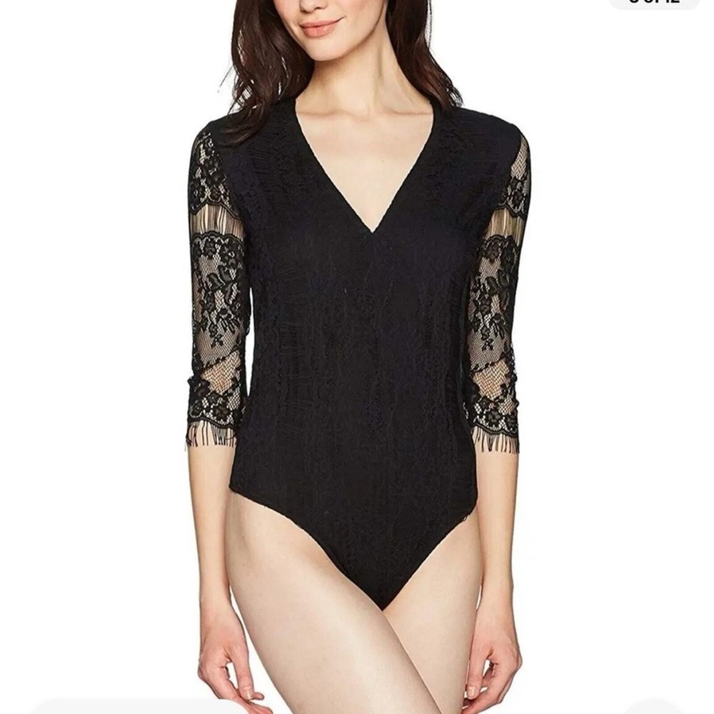 True Religion All Over Black Lace Bodysuit Sheer Sleeve Deep V-Neck Small